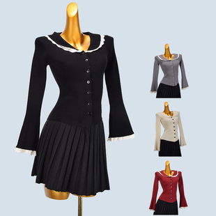 娃娃领蕾丝拼接长袖开衫女装春季新款设计感喇叭袖修身针织衫上衣