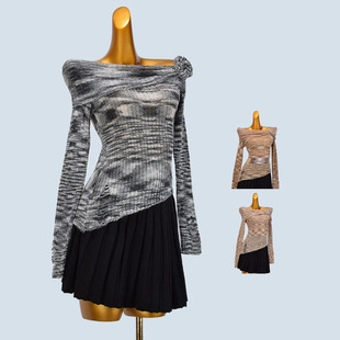 一字领长袖软糯马海毛针织衫女装春季新款内搭修身不规则短款上衣