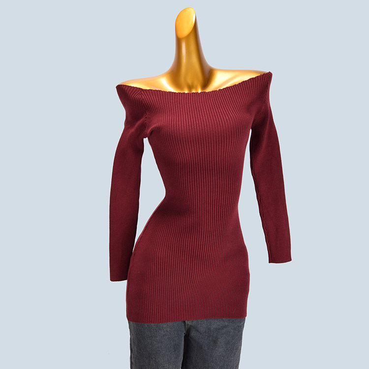 辣妹性感一字领长袖针织衫女春秋新款设计感内搭纯色修身短款上衣