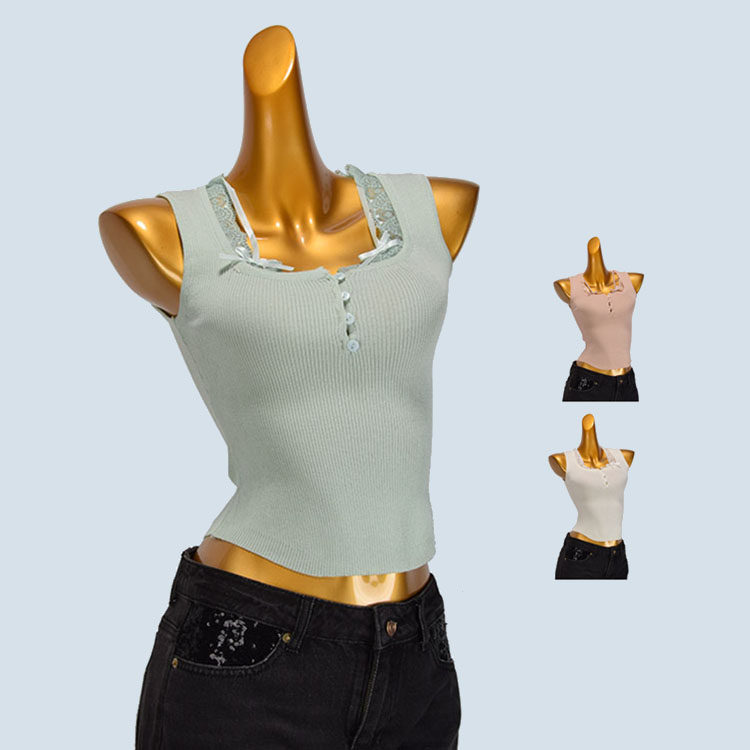 方领内搭纯欲风蕾丝拼接结螺纹吊带背心甜辣妹女装法式露肩