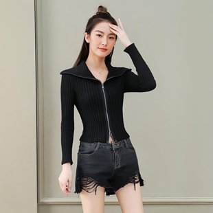 翻领双拉链长袖黑色针织开衫女装秋季新款设计感辣妹纯欲性感上衣