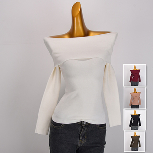 外贸原单辣妹性感一字领长袖针织衫女秋季新款身显瘦内搭短款上衣