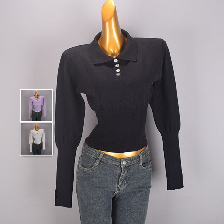 法式纯欲polo领长袖针织衫女装秋季新款修身显瘦收腰百搭短款上衣