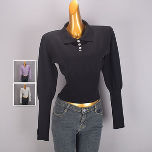 法式纯欲polo领长袖针织衫女装秋季新款修身显瘦收腰百搭短款上衣