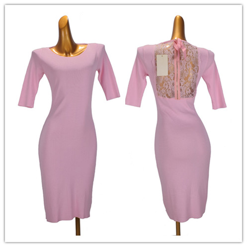 蕾丝背长袖针织连衣裙女2025夏季新款修身显瘦中长款打底包臀裙