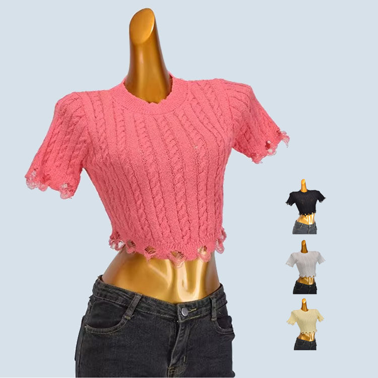 设计感圆领麻花短袖针织衫女夏季新款小个子短款流苏别致独特上衣