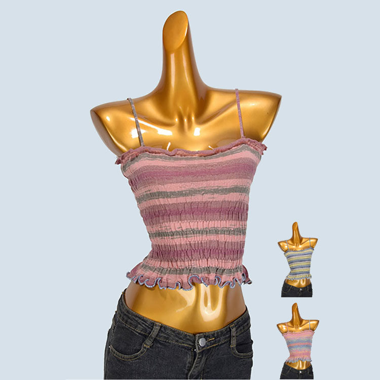 彩虹条纹针织吊带背心女夏季多巴胺甜辣性感修身弹力内搭短款上衣