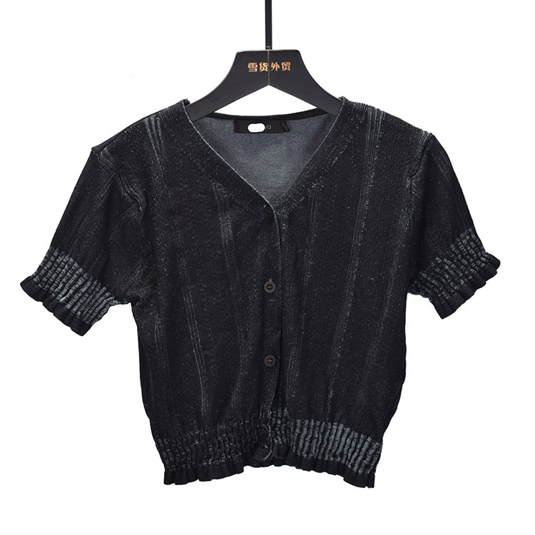 v领短袖薄款女 针织开衫2025夏季新款辣妹高腰短款黑色纽扣上衣潮