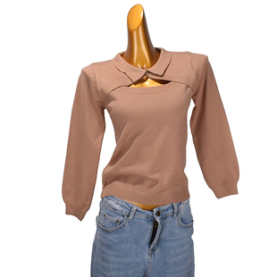 设计感小众Polo领针织衫女秋季新款修身短款套头长袖拼接镂空上衣