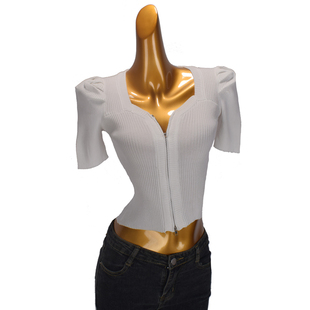 设计感小众方领短袖t恤女 夏季新款修身短款拉链泡泡袖冰丝针织衫