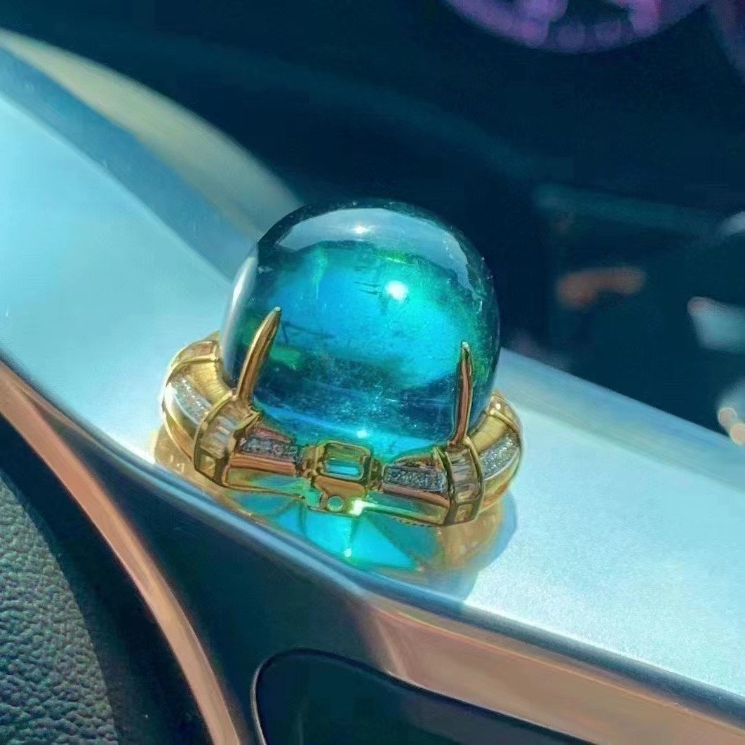 魅晶天然水晶晶体通透宝石蓝大蛋面碧玺戒指