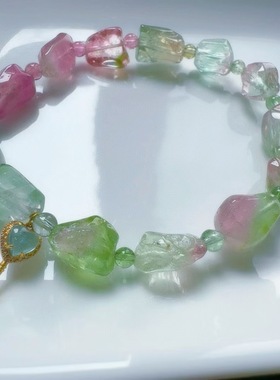 魅晶天然水晶晶体通透清透果绿色碧玺原石手链