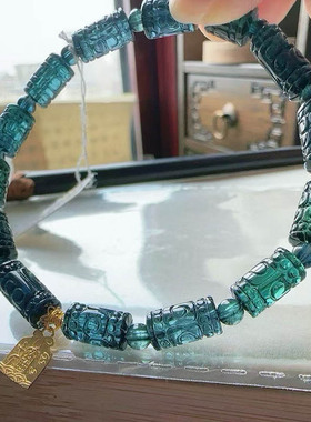 魅晶天然水晶晶体通透蓝碧玺回纹桶珠手串