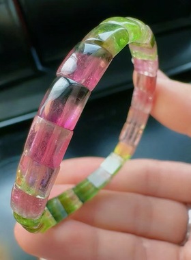 魅晶天然水晶晶体通透红绿色西瓜镯型碧玺手牌