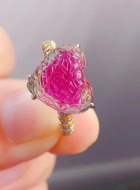 魅晶天然原矿戒面料晶体通透西瓜碧玺裸石18k金镶嵌戒指