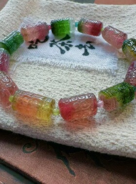 魅晶天然水晶晶体通透碧玺雕刻回纹珠手链