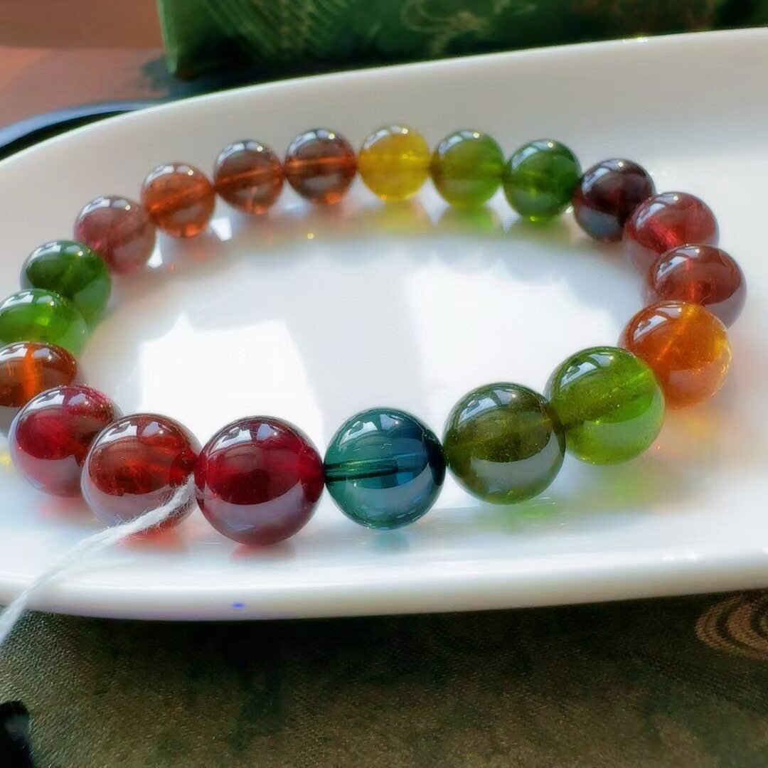 魅晶天然水晶晶体通透老矿色浓艳橙色调彩虹碧玺手链
