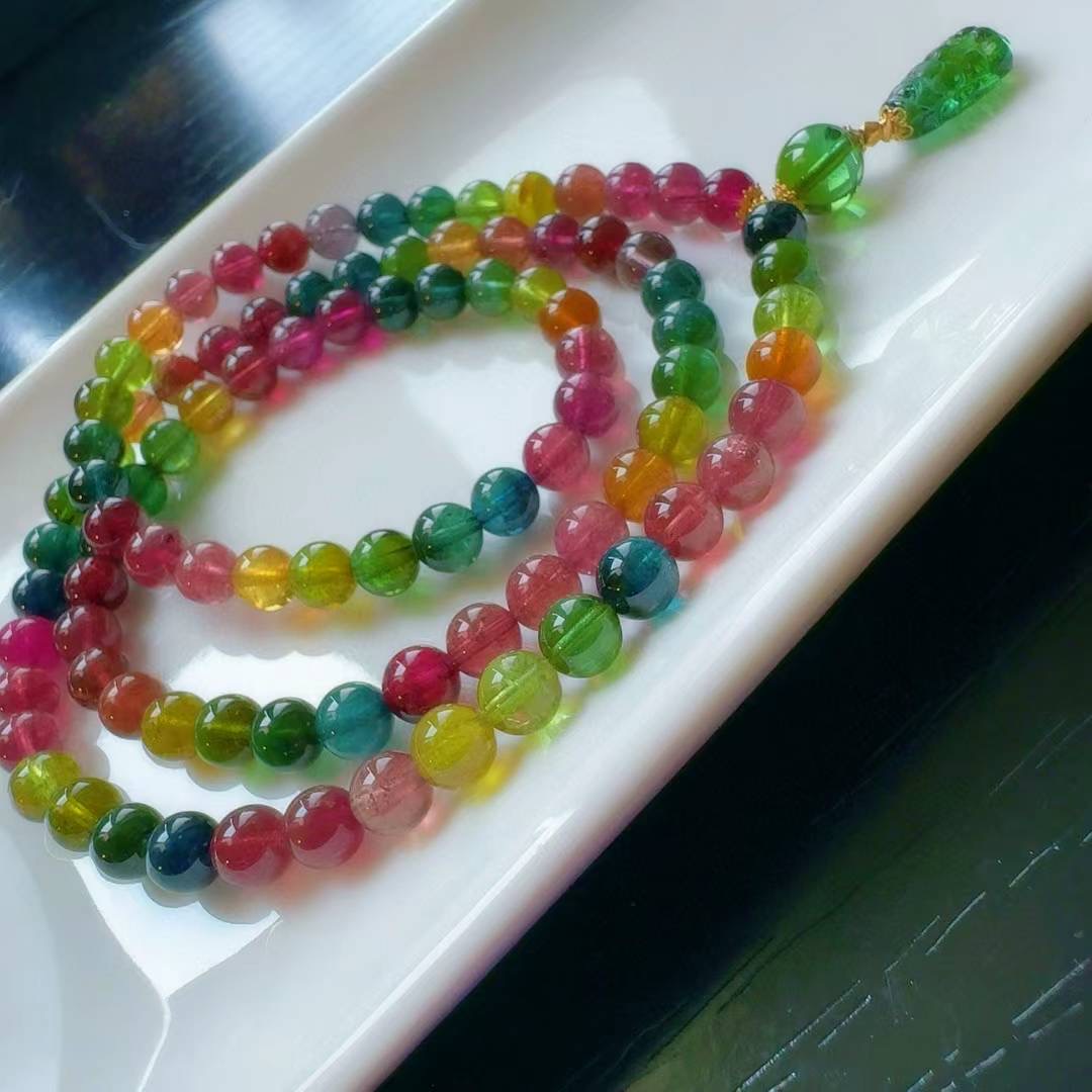 魅晶天然水晶晶体通透浓颜碧玺彩虹多圈手链