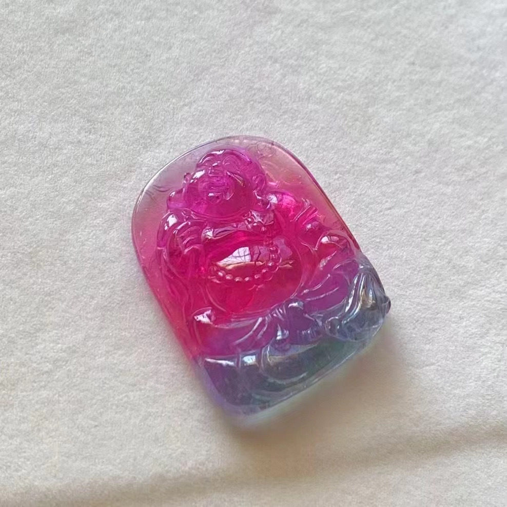魅晶天然水晶晶体通透红蓝紫三色西瓜碧玺大肚佛吊坠