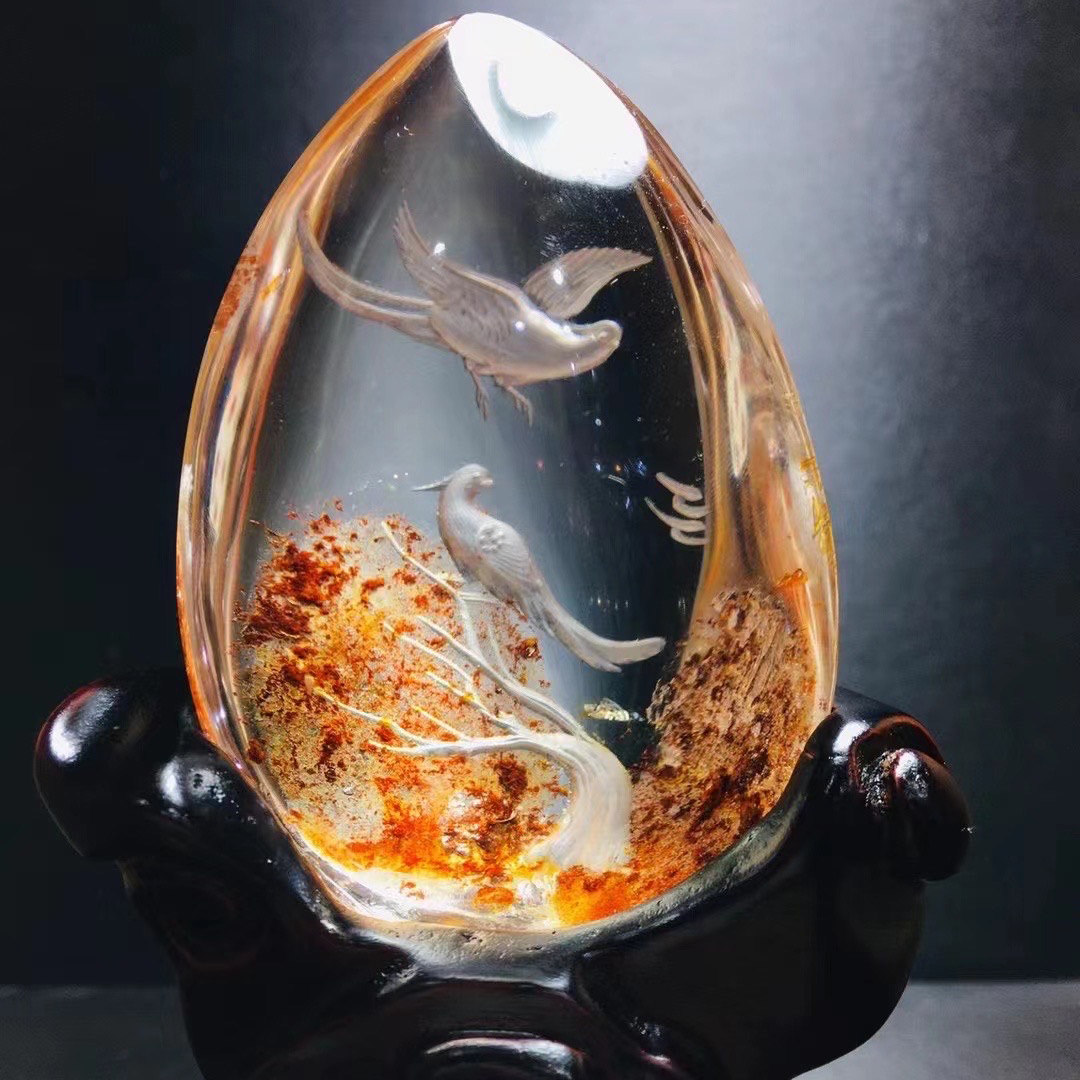 魅晶天然原矿水晶晶体通透黄胶花黄水晶内雕喜上眉梢摆件