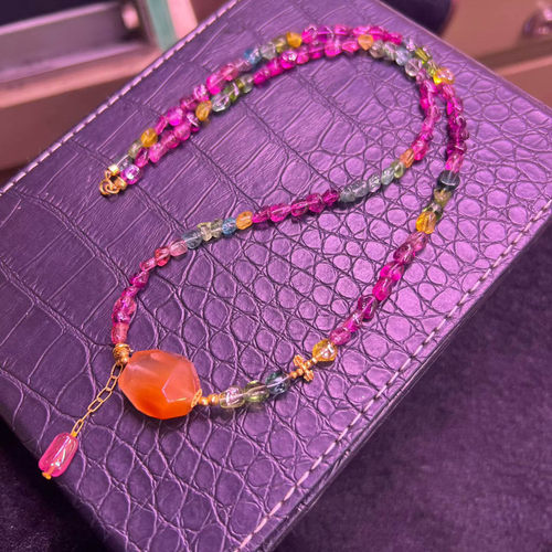 魅晶天然水晶18k金碧玺彩虹项链