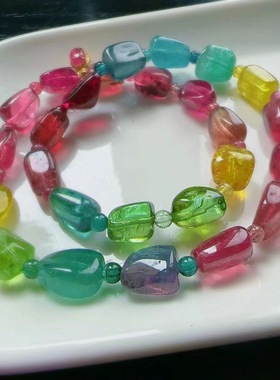 魅晶天然水晶晶体通透绚丽荧光色标碧玺原石双圈手链