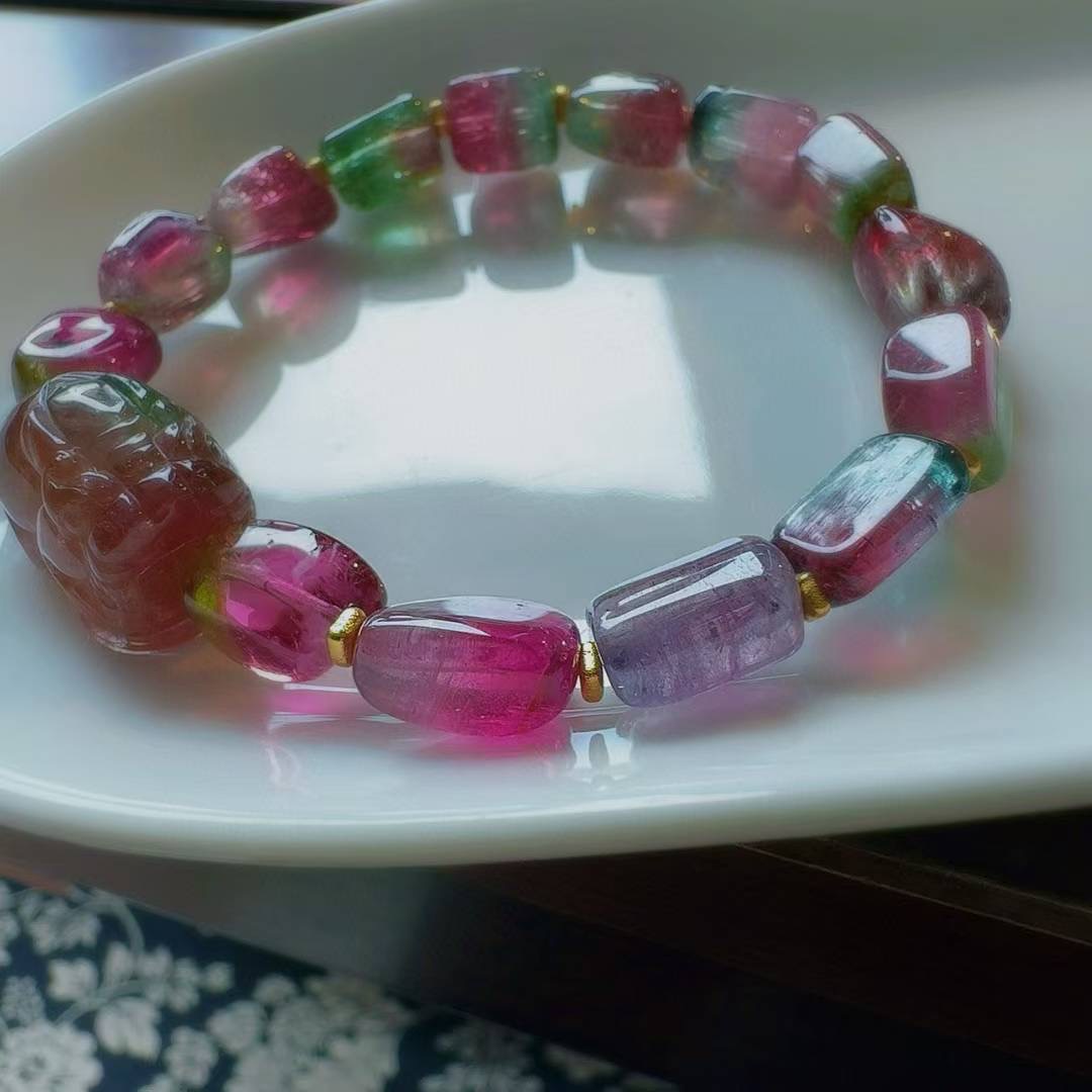 魅晶天然水晶晶体通透闪耀西瓜碧玺原石手链