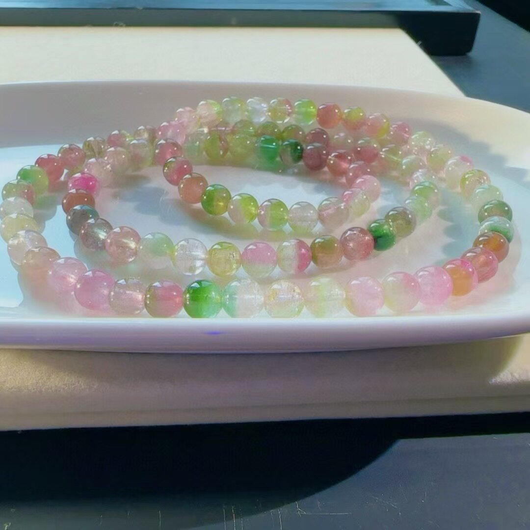魅晶天然水晶晶体通透清新梦幻西瓜佛珠多圈碧玺手链