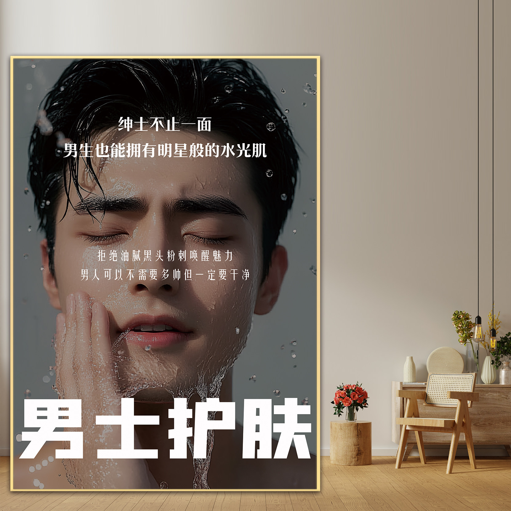 男士护肤海报图皮肤管理墙壁贴纸男子洁面洗脸广告图美容院装饰画