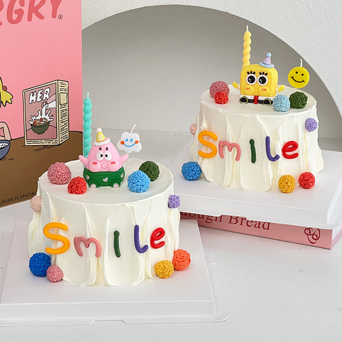 儿童生日卡通蛋糕装饰派大星海绵宝宝摆件小帽子笑脸云朵蜡烛插件
