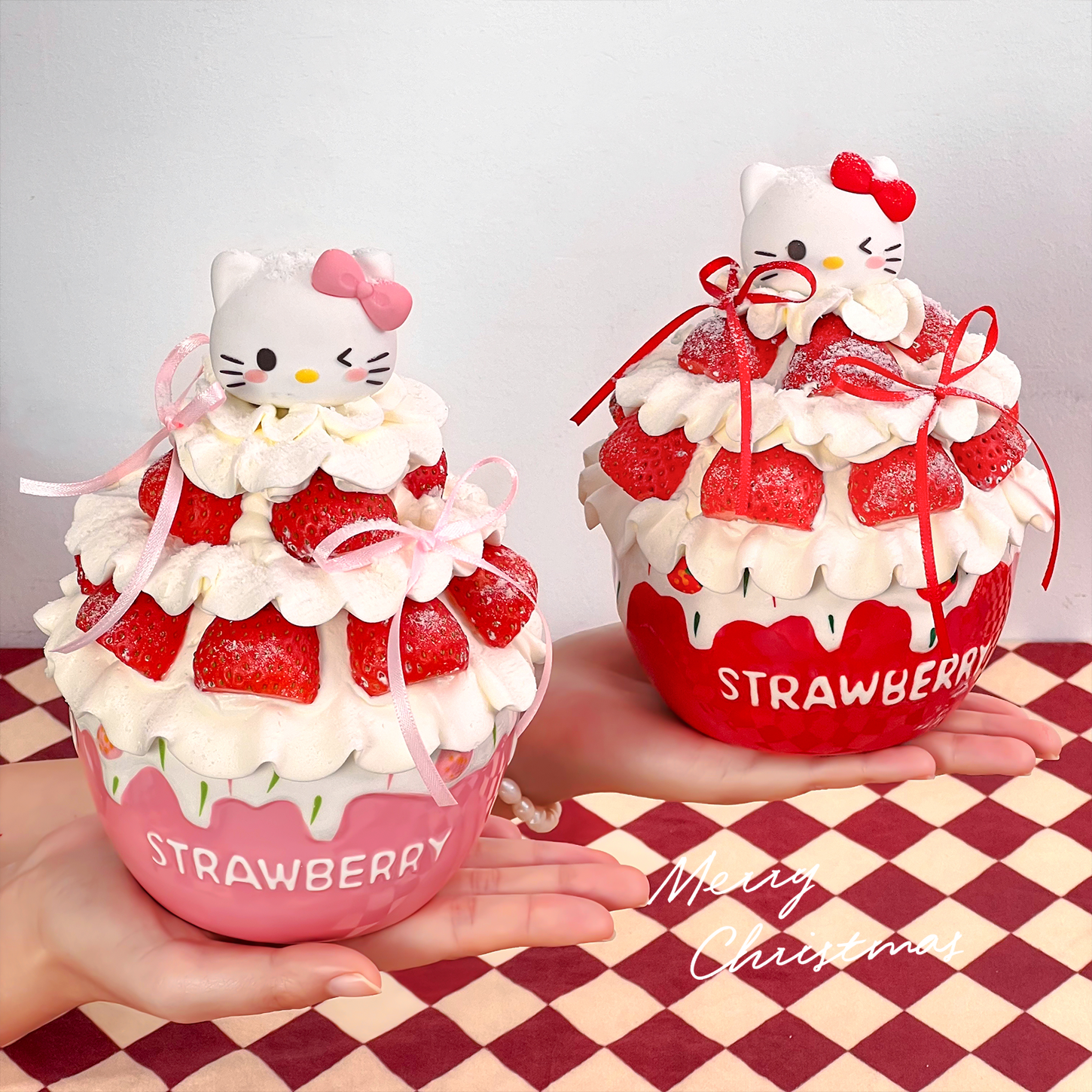包邮网红圣诞节新年跨年草莓碗蝴蝶结kt猫蛋糕装饰摆件甜品陶瓷碗