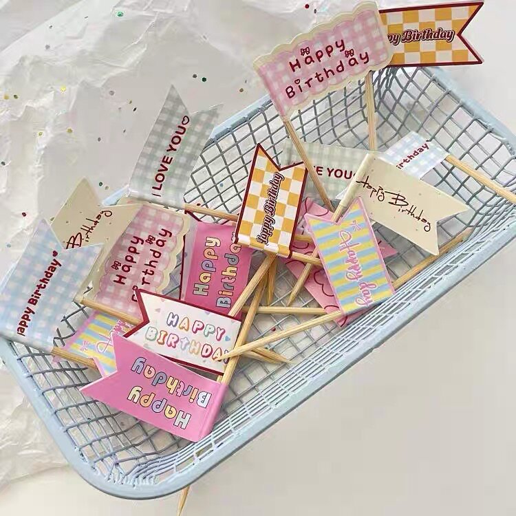 网红韩系ins复古蛋糕装饰彩虹双面生日快乐旗子露可丽小甜品插件 - 实物图