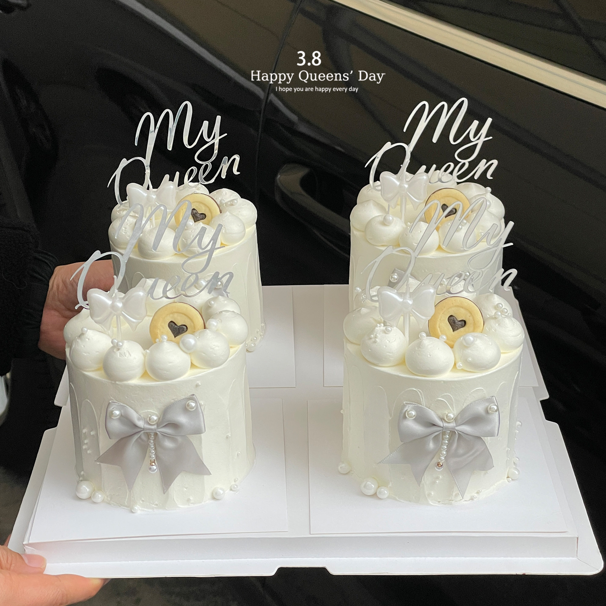 38女神节蛋糕装饰my queen亚克力插件银色珍珠蝴蝶结蜡烛装扮摆件