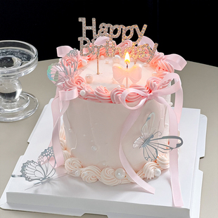 网红仙女蛋糕装饰蝴蝶结蜡烛摆件钻石HB插件女神生日幻彩蝴蝶装扮