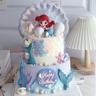海洋主题贝壳小美人鱼公主蛋糕摆件梦幻仙女生日蛋糕装饰插牌插件