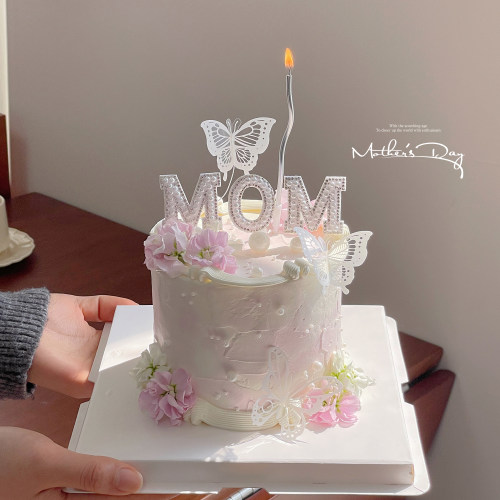 2026母亲节网红蛋糕装饰品白色珍珠MOM摆件唯美蝴蝶妈妈生日插件