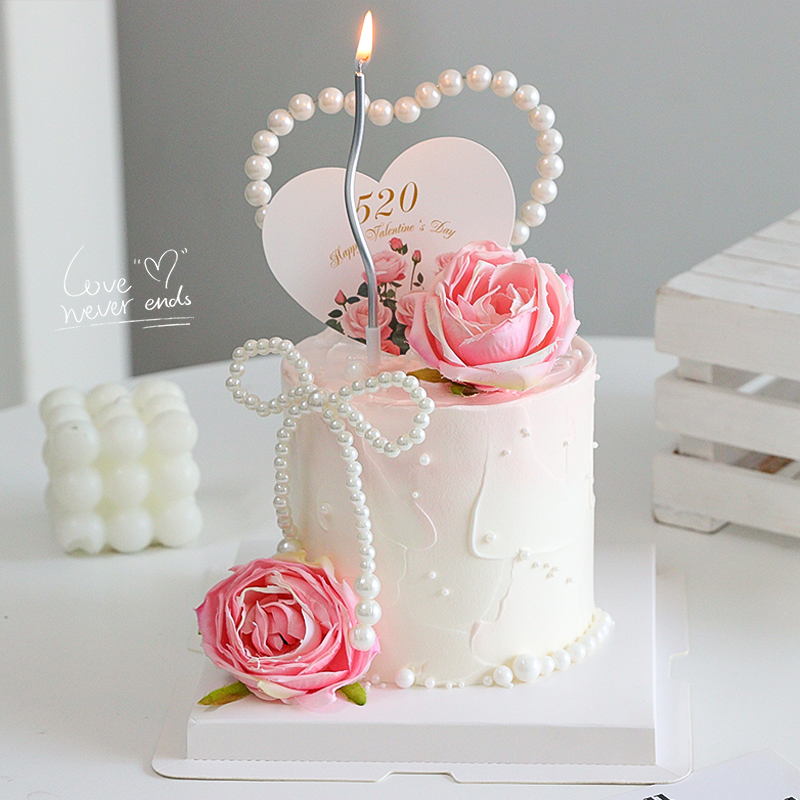 520情人节蛋糕装饰玫瑰摆件珍珠蝴蝶结爱心情侣告白节日快乐插牌