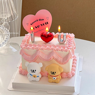 214情人节蛋糕装饰线条小狗摆件iloveyou爱心蜡烛情侣纪念日装扮
