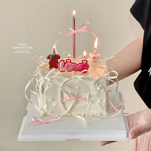 214情人节ins蛋糕装饰摆件线条小狗love蜡烛插件蝴蝶结丝带装扮