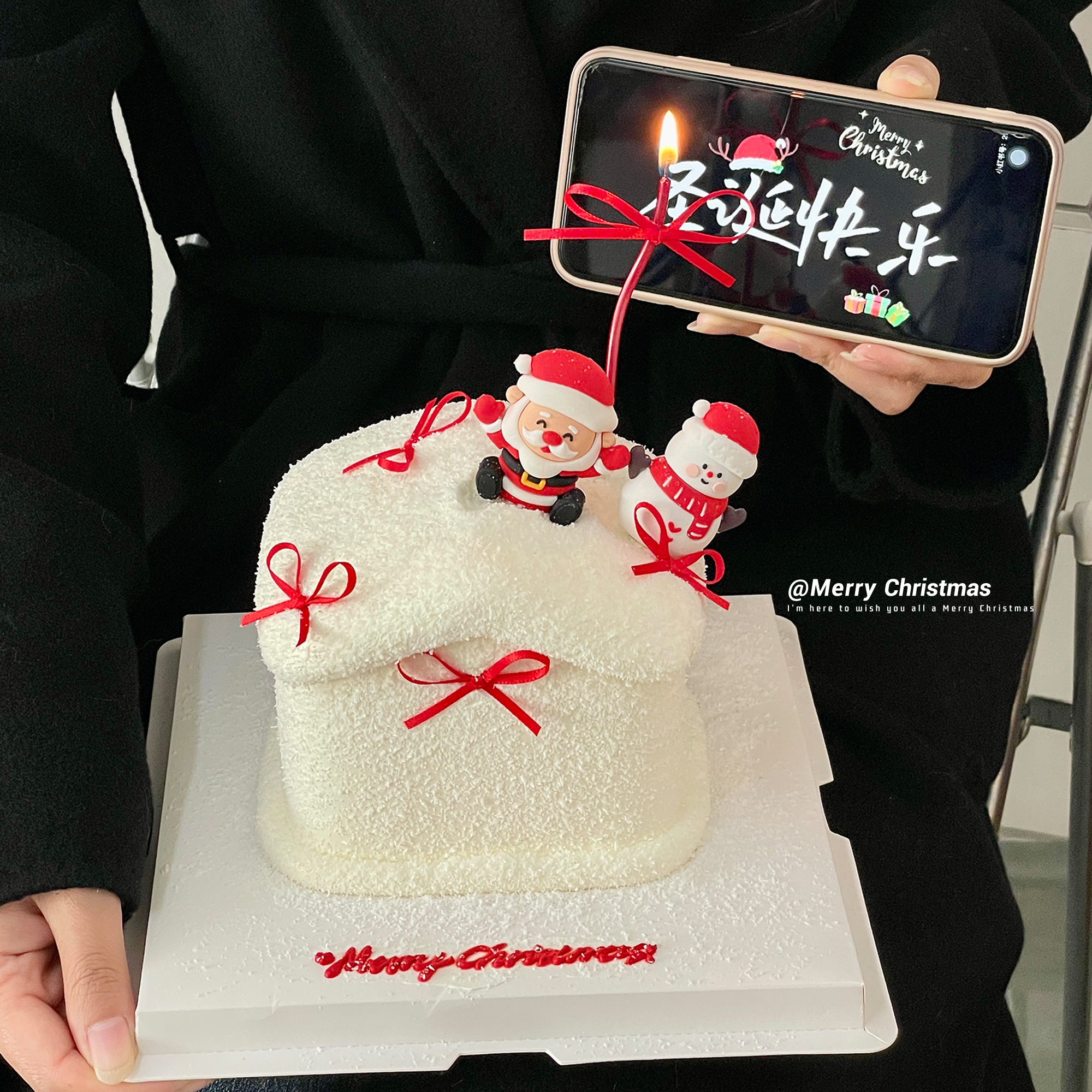 2025网红圣诞节ins雪屋蛋糕装饰圣诞老人雪人蝴蝶结丝带烘焙装扮