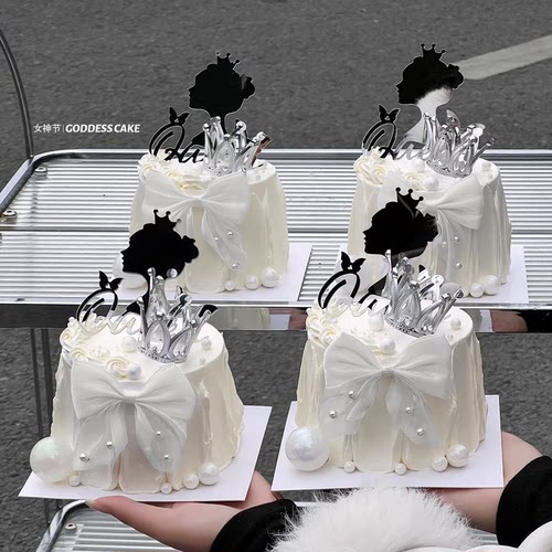 38女神节网红蛋糕装饰摆件皇冠背影女王queen珍珠蝴蝶结装扮插件