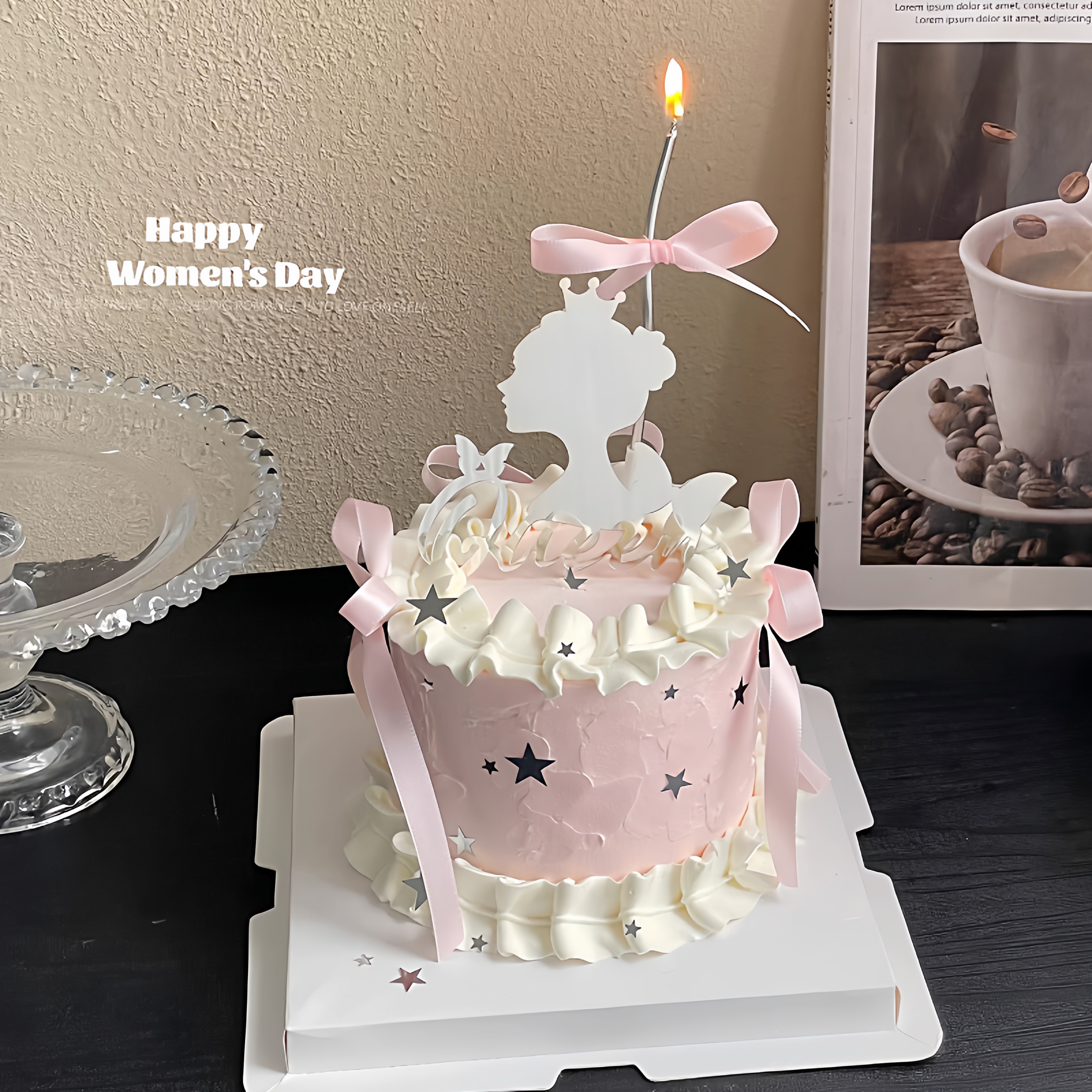 38女神节ins蛋糕装饰皇冠背影女王queen插件银色亮片星星装扮摆件