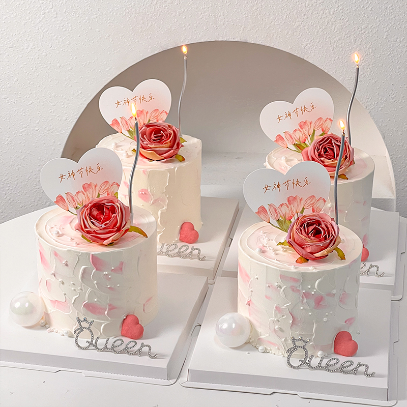 3.8女神节蛋糕装饰仿真玫瑰花摆件妇女节水钻queen爱心卡片插件