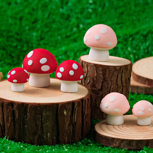 波点软陶软胶粉色红色蘑菇3件套小蘑菇甜品台生日蛋糕装 饰摆件
