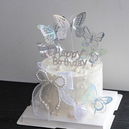 仙女蛋糕装饰珍珠蝴蝶结摆件钻石HB插件女神生日快乐幻彩蝴蝶装扮