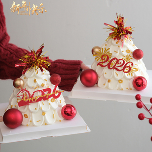2026新年快乐蛋糕装饰亚克力插牌红金雨丝插件马年跨年除夕夜摆件