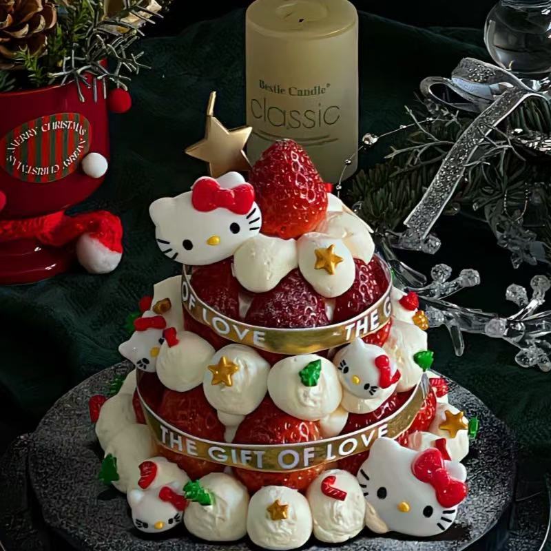 2025新年草莓许愿树猫咪蛋糕装饰蝴蝶结猫咪摆件甜品烘焙插件配件