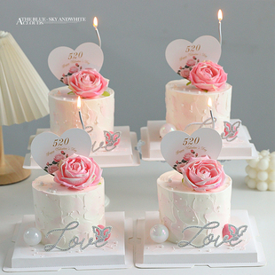 520情人节蛋糕装饰仿真玫瑰花摆件情侣告白钻石love爱心卡片插件