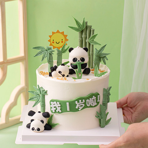 卡通可爱熊猫主题蛋糕装饰软胶摆件竹子硅胶模具儿童周岁生日插件