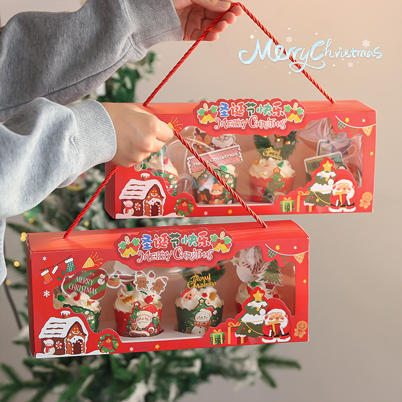 2025圣诞节纸杯蛋糕装饰手提包装盒圣诞老人马芬杯子甜品蛋糕礼盒